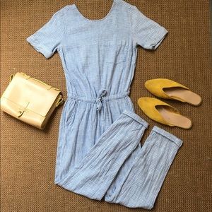 Blue pinstripe linen jumpsuit